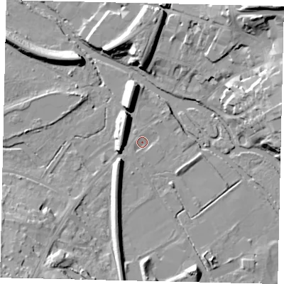 Shaded relief map of the ground around KT229RX, computed from Environment Agency LiDAR. The ground here sits at about 31 m above sea level and falls 24 m across the surrounding 800 m. Surface water reaching this point runs off ground lying to the north-east, 1.3 m higher.