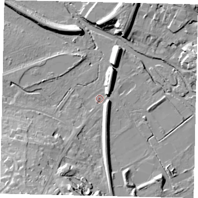 Shaded relief map of the ground around KT229UT, computed from Environment Agency LiDAR. The ground here sits at about 32 m above sea level and falls 30 m across the surrounding 800 m. Surface water reaching this point runs off ground lying to the south-south-west, 21.5 m higher.