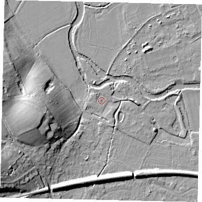 Shaded relief map of the ground around KT229XH, computed from Environment Agency LiDAR. The ground here sits at about 30 m above sea level and falls 23 m across the surrounding 800 m. Surface water reaching this point runs off ground lying to the south-west, 4.6 m higher.