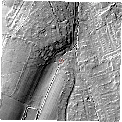 Shaded relief map of the ground around KT233AT, computed from Environment Agency LiDAR. The ground here sits at about 48 m above sea level and falls 22 m across the surrounding 800 m. Surface water reaching this point runs off ground lying to the south-west, 14.3 m higher.