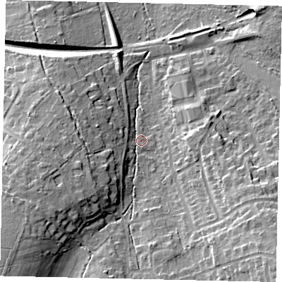 Shaded relief map of the ground around KT233BX, computed from Environment Agency LiDAR. The ground here sits at about 44 m above sea level and falls 21 m across the surrounding 800 m. Surface water reaching this point runs off ground lying to the south-west, 9.2 m higher.
