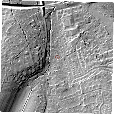 Shaded relief map of the ground around KT233HB, computed from Environment Agency LiDAR. The ground here sits at about 45 m above sea level and falls 22 m across the surrounding 800 m. Surface water reaching this point runs off ground lying to the south-east, 16.7 m higher.