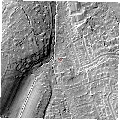 Shaded relief map of the ground around KT233HD, computed from Environment Agency LiDAR. The ground here sits at about 47 m above sea level and falls 21 m across the surrounding 800 m. Surface water reaching this point runs off ground lying to the south-south-east, 3.1 m higher.