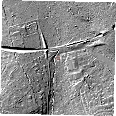 Shaded relief map of the ground around KT233HN, computed from Environment Agency LiDAR. The ground here sits at about 41 m above sea level and falls 20 m across the surrounding 800 m. Surface water reaching this point runs off ground lying to the south-west, 15.2 m higher.