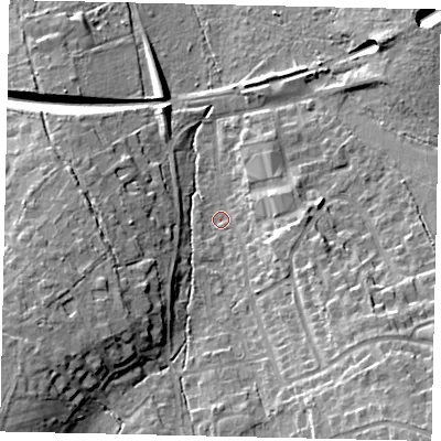 Shaded relief map of the ground around KT233HW, computed from Environment Agency LiDAR. The ground here sits at about 43 m above sea level and falls 21 m across the surrounding 800 m. Surface water reaching this point runs off ground lying to the south-east, 16.7 m higher.