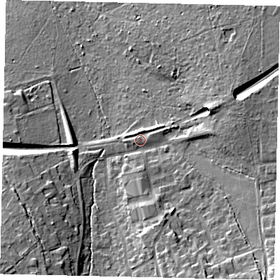 Shaded relief map of the ground around KT233JG, computed from Environment Agency LiDAR. The ground here sits at about 43 m above sea level and falls 19 m across the surrounding 800 m. Surface water reaching this point runs off ground lying to the east-north-east, 1.3 m higher.