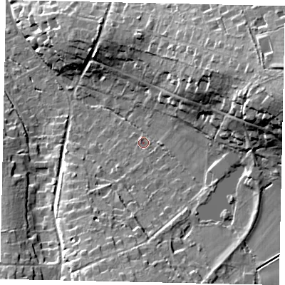 Shaded relief map of the ground around KT245AH, computed from Environment Agency LiDAR. The ground here sits at about 72 m above sea level and falls 31 m across the surrounding 800 m. Surface water reaching this point runs off ground lying to the east-north-east, 22.9 m higher.