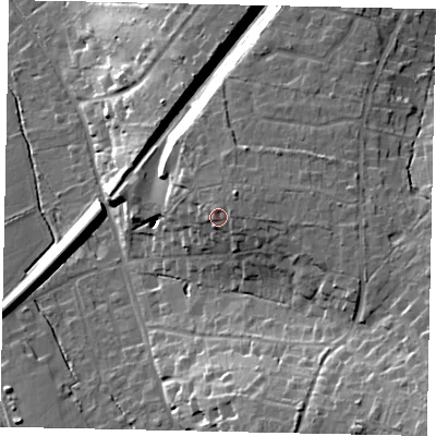 Shaded relief map of the ground around KT245BH, computed from Environment Agency LiDAR. The ground here sits at about 74 m above sea level and falls 30 m across the surrounding 800 m. Surface water reaching this point runs off ground lying to the north-east, 3.1 m higher.