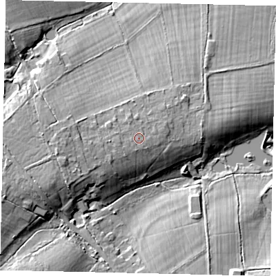 Shaded relief map of the ground around KT245JJ, computed from Environment Agency LiDAR. The ground here sits at about 48 m above sea level and falls 15 m across the surrounding 800 m. Surface water reaching this point runs off ground lying to the west-south-west, 1.7 m higher.
