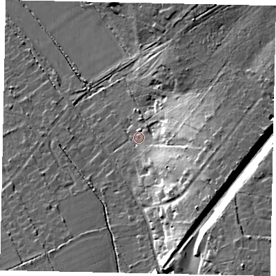 Shaded relief map of the ground around KT246DN, computed from Environment Agency LiDAR. The ground here sits at about 56 m above sea level and falls 29 m across the surrounding 800 m. Surface water reaching this point runs off ground lying to the east-south-east, 16.2 m higher.