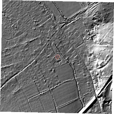 Shaded relief map of the ground around KT246LG, computed from Environment Agency LiDAR. The ground here sits at about 56 m above sea level and falls 24 m across the surrounding 800 m. Surface water reaching this point runs off ground lying to the south, 4.2 m higher.