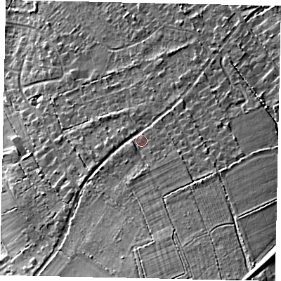 Shaded relief map of the ground around KT246LQ, computed from Environment Agency LiDAR. The ground here sits at about 56 m above sea level and falls 19 m across the surrounding 800 m. Surface water reaching this point runs off ground lying to the south-south-east, 8.7 m higher.