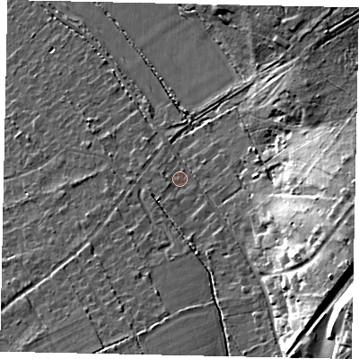 Shaded relief map of the ground around KT246NS, computed from Environment Agency LiDAR. The ground here sits at about 54 m above sea level and falls 27 m across the surrounding 800 m. Surface water reaching this point runs off ground lying to the south, 2.0 m higher.