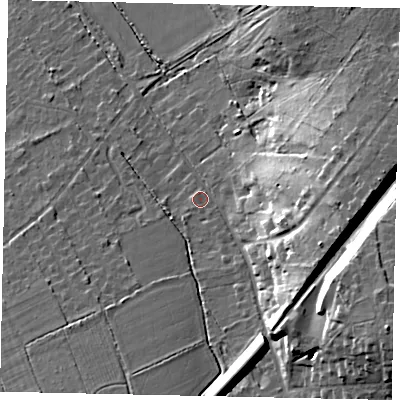 Shaded relief map of the ground around KT246NT, computed from Environment Agency LiDAR. The ground here sits at about 56 m above sea level and falls 27 m across the surrounding 800 m. Surface water reaching this point runs off ground lying to the south-east, 21.1 m higher.
