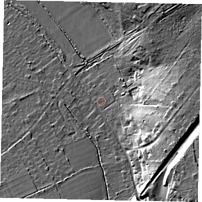 Shaded relief map of the ground around KT246NU, computed from Environment Agency LiDAR. The ground here sits at about 55 m above sea level and falls 28 m across the surrounding 800 m. Surface water reaching this point runs off ground lying to the east-south-east, 12.5 m higher.