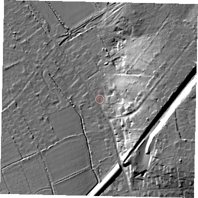 Shaded relief map of the ground around KT246NX, computed from Environment Agency LiDAR. The ground here sits at about 56 m above sea level and falls 27 m across the surrounding 800 m. Surface water reaching this point runs off ground lying to the south-east, 20.7 m higher.