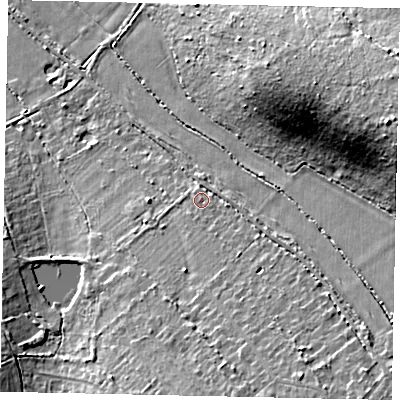 Shaded relief map of the ground around KT246PE, computed from Environment Agency LiDAR. The ground here sits at about 47 m above sea level and falls 24 m across the surrounding 800 m. Surface water reaching this point runs off ground lying to the south-east, 8.2 m higher.