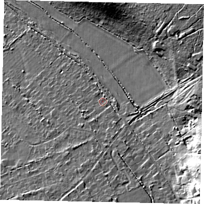 Shaded relief map of the ground around KT246PF, computed from Environment Agency LiDAR. The ground here sits at about 51 m above sea level and falls 23 m across the surrounding 800 m. Surface water reaching this point runs off ground lying to the south, 3.6 m higher.