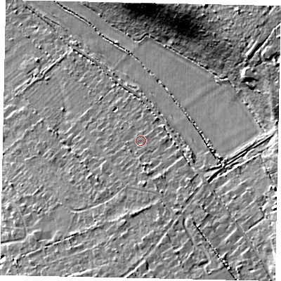 Shaded relief map of the ground around KT246PG, computed from Environment Agency LiDAR. The ground here sits at about 51 m above sea level and falls 23 m across the surrounding 800 m. Surface water reaching this point runs off ground lying to the south, 1.3 m higher.