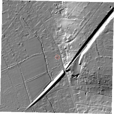 Shaded relief map of the ground around KT246PU, computed from Environment Agency LiDAR. The ground here sits at about 59 m above sea level and falls 24 m across the surrounding 800 m. Surface water reaching this point runs off ground lying to the east-south-east, 18.2 m higher.