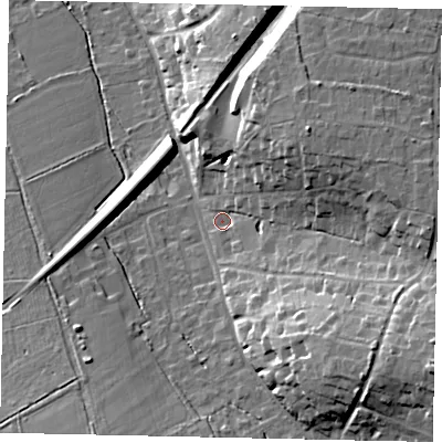 Shaded relief map of the ground around KT246QA, computed from Environment Agency LiDAR. The ground here sits at about 63 m above sea level and falls 25 m across the surrounding 800 m. Surface water reaching this point runs off ground lying to the south-east, 18.1 m higher.
