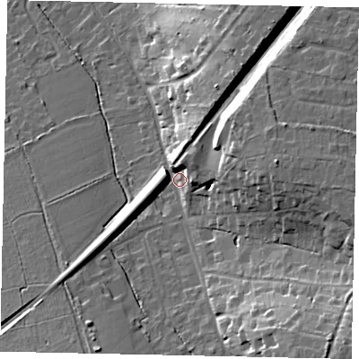 Shaded relief map of the ground around KT246QB, computed from Environment Agency LiDAR. The ground here sits at about 62 m above sea level and falls 25 m across the surrounding 800 m. Surface water reaching this point runs off ground lying to the south-east, 18.6 m higher.