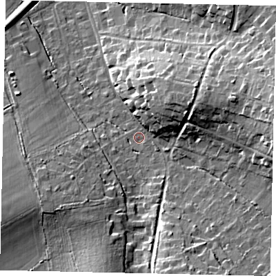 Shaded relief map of the ground around KT246QD, computed from Environment Agency LiDAR. The ground here sits at about 67 m above sea level and falls 24 m across the surrounding 800 m. Surface water reaching this point runs off ground lying to the east, 17.8 m higher.