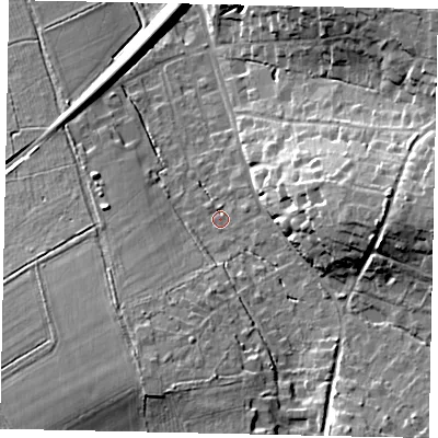 Shaded relief map of the ground around KT246QH, computed from Environment Agency LiDAR. The ground here sits at about 65 m above sea level and falls 21 m across the surrounding 800 m. Surface water reaching this point runs off ground lying to the east, 15.6 m higher.