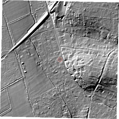 Shaded relief map of the ground around KT246QJ, computed from Environment Agency LiDAR. The ground here sits at about 64 m above sea level and falls 23 m across the surrounding 800 m. Surface water reaching this point runs off ground lying to the east-south-east, 14.2 m higher.