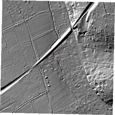 Shaded relief map of the ground around KT246QL, computed from Environment Agency LiDAR. The ground here sits at about 62 m above sea level and falls 22 m across the surrounding 800 m. Surface water reaching this point runs off ground lying to the south, 13.5 m higher.
