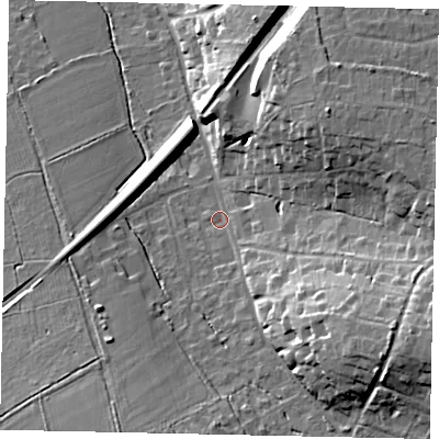 Shaded relief map of the ground around KT246QN, computed from Environment Agency LiDAR. The ground here sits at about 62 m above sea level and falls 23 m across the surrounding 800 m. Surface water reaching this point runs off ground lying to the south-east, 16.4 m higher.