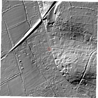 Shaded relief map of the ground around KT246QR, computed from Environment Agency LiDAR. The ground here sits at about 63 m above sea level and falls 23 m across the surrounding 800 m. Surface water reaching this point runs off ground lying to the east-south-east, 15.4 m higher.