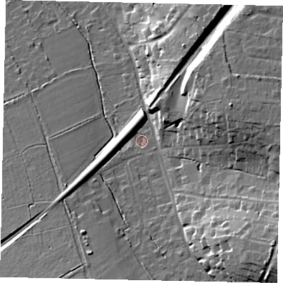 Shaded relief map of the ground around KT246QS, computed from Environment Agency LiDAR. The ground here sits at about 60 m above sea level and falls 24 m across the surrounding 800 m. Surface water reaching this point runs off ground lying to the south-east, 1.5 m higher.