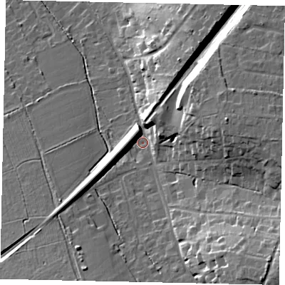 Shaded relief map of the ground around KT246QU, computed from Environment Agency LiDAR. The ground here sits at about 60 m above sea level and falls 25 m across the surrounding 800 m. Surface water reaching this point runs off ground lying to the south-east, 18.1 m higher.