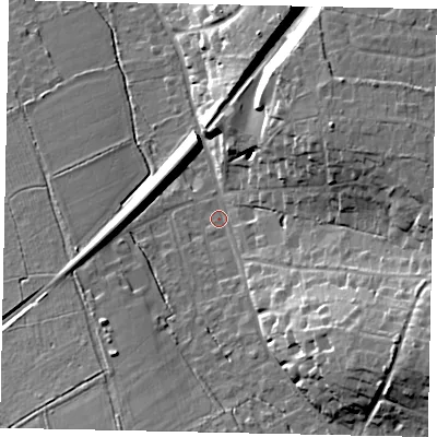Shaded relief map of the ground around KT246QW, computed from Environment Agency LiDAR. The ground here sits at about 62 m above sea level and falls 23 m across the surrounding 800 m. Surface water reaching this point runs off ground lying to the south-east, 16.9 m higher.