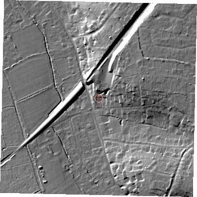 Shaded relief map of the ground around KT246QX, computed from Environment Agency LiDAR. The ground here sits at about 63 m above sea level and falls 25 m across the surrounding 800 m. Surface water reaching this point runs off ground lying to the east-north-east, 14.6 m higher.