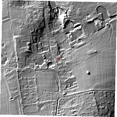 Shaded relief map of the ground around KT246RL, computed from Environment Agency LiDAR. The ground here sits at about 92 m above sea level and falls 30 m across the surrounding 800 m. Surface water reaching this point runs off ground lying to the south-south-east, 20.0 m higher.