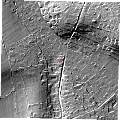 Shaded relief map of the ground around KT246SN, computed from Environment Agency LiDAR. The ground here sits at about 70 m above sea level and falls 25 m across the surrounding 800 m. Surface water reaching this point runs off ground lying to the south, 2.4 m higher.