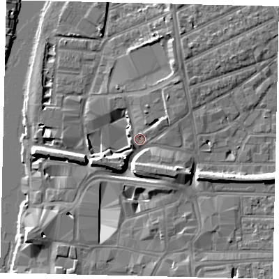 Shaded relief map of the ground around KT25AA, computed from Environment Agency LiDAR. The ground here sits at about 8 m above sea level and falls 10 m across the surrounding 800 m. Surface water reaching this point runs off ground lying to the north-east, 4.5 m higher.