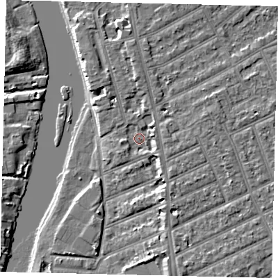 Shaded relief map of the ground around KT25AB, computed from Environment Agency LiDAR. The ground here sits at about 8 m above sea level and falls 6 m across the surrounding 800 m. Surface water reaching this point runs off ground lying to the east-north-east, 2.9 m higher.