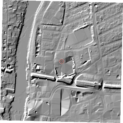 Shaded relief map of the ground around KT25AD, computed from Environment Agency LiDAR. The ground here sits at about 7 m above sea level and falls 10 m across the surrounding 800 m. Surface water reaching this point runs off ground lying to the south-east, 7.8 m higher.