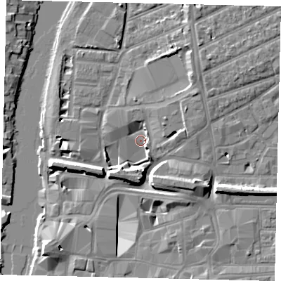 Shaded relief map of the ground around KT25AE, computed from Environment Agency LiDAR. The ground here sits at about 5 m above sea level and falls 10 m across the surrounding 800 m. Surface water reaching this point runs off ground lying to the south-east, 7.8 m higher.