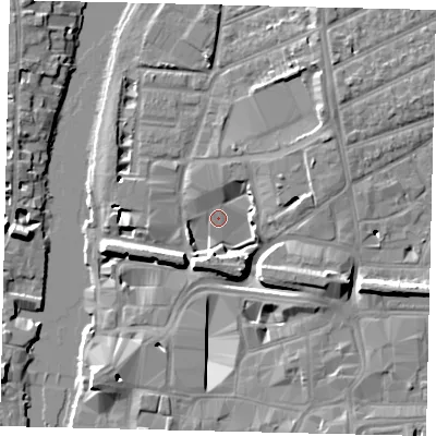 Shaded relief map of the ground around KT25AF, computed from Environment Agency LiDAR. The ground here sits at about 6 m above sea level and falls 10 m across the surrounding 800 m. Surface water reaching this point runs off ground lying to the east-south-east, 7.8 m higher.