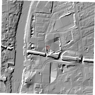 Shaded relief map of the ground around KT25AH, computed from Environment Agency LiDAR. The ground here sits at about 5 m above sea level and falls 10 m across the surrounding 800 m. Surface water reaching this point runs off ground lying to the east-south-east, 7.8 m higher.