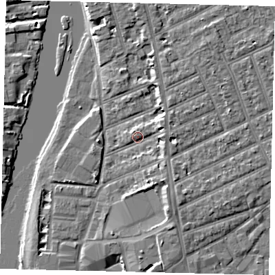 Shaded relief map of the ground around KT25AN, computed from Environment Agency LiDAR. The ground here sits at about 8 m above sea level and falls 7 m across the surrounding 800 m. Surface water reaching this point runs off ground lying to the east-north-east, 3.3 m higher.