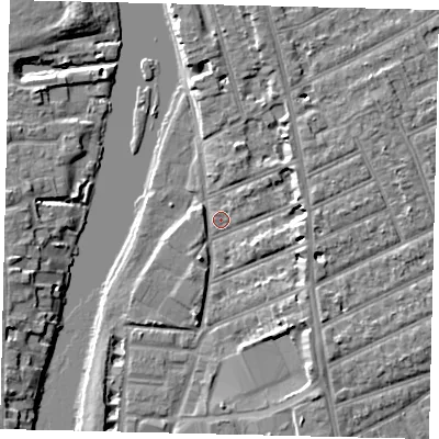 Shaded relief map of the ground around KT25AR, computed from Environment Agency LiDAR. The ground here sits at about 7 m above sea level and falls 6 m across the surrounding 800 m. Surface water reaching this point runs off ground lying to the south-south-east, 4.8 m higher.