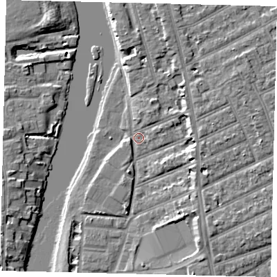 Shaded relief map of the ground around KT25AS, computed from Environment Agency LiDAR. The ground here sits at about 6 m above sea level and falls 6 m across the surrounding 800 m. Surface water reaching this point runs off ground lying to the south-south-east, 4.9 m higher.