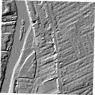 Shaded relief map of the ground around KT25AT, computed from Environment Agency LiDAR. The ground here sits at about 8 m above sea level and falls 6 m across the surrounding 800 m. Surface water reaching this point runs off ground lying to the east-north-east, 2.7 m higher.