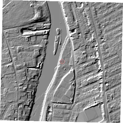 Shaded relief map of the ground around KT25AU, computed from Environment Agency LiDAR. The ground here sits at about 6 m above sea level and falls 6 m across the surrounding 800 m. Surface water reaching this point runs off ground lying to the west-north-west, 1.5 m higher.
