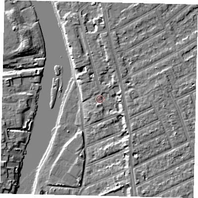Shaded relief map of the ground around KT25AZ, computed from Environment Agency LiDAR. The ground here sits at about 8 m above sea level and falls 6 m across the surrounding 800 m. Surface water reaching this point runs off ground lying to the north-north-east, 2.5 m higher.